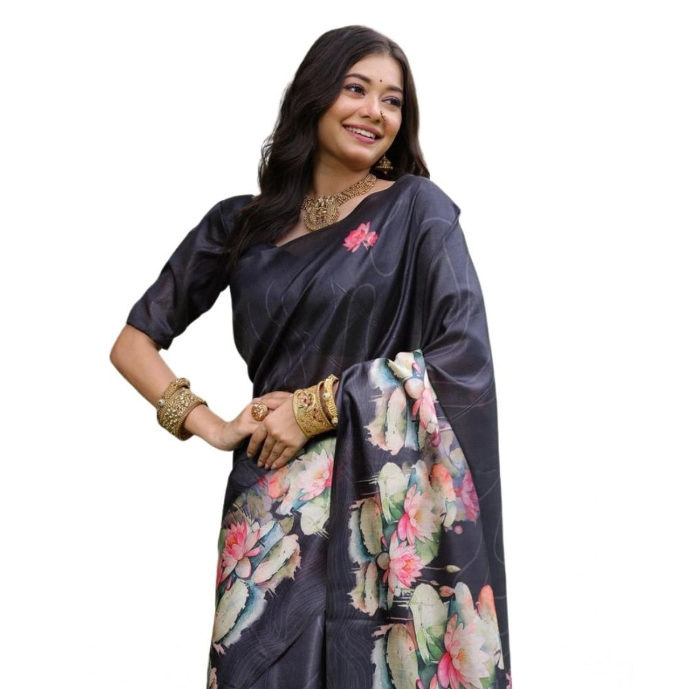 Women's Faux_Tussar Floral Saree With Unstitched Blouse 5.5Mtr (Black)