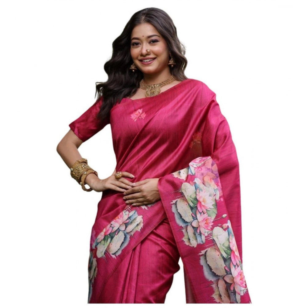 Women's Faux_Tussar Floral Saree With Unstitched Blouse 5.5Mtr (Pink)