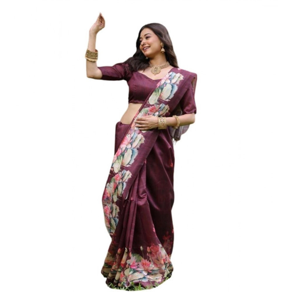 Women's Faux_Tussar Floral Saree With Unstitched Blouse 5.5Mtr (Purple)