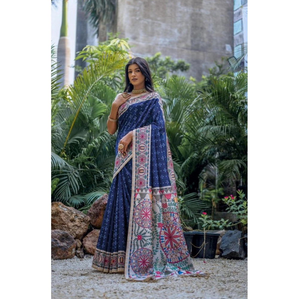 Women's Faux_Tussar Geometric_Print Saree With Unstitched Blouse 5.5Mtr (Blue)