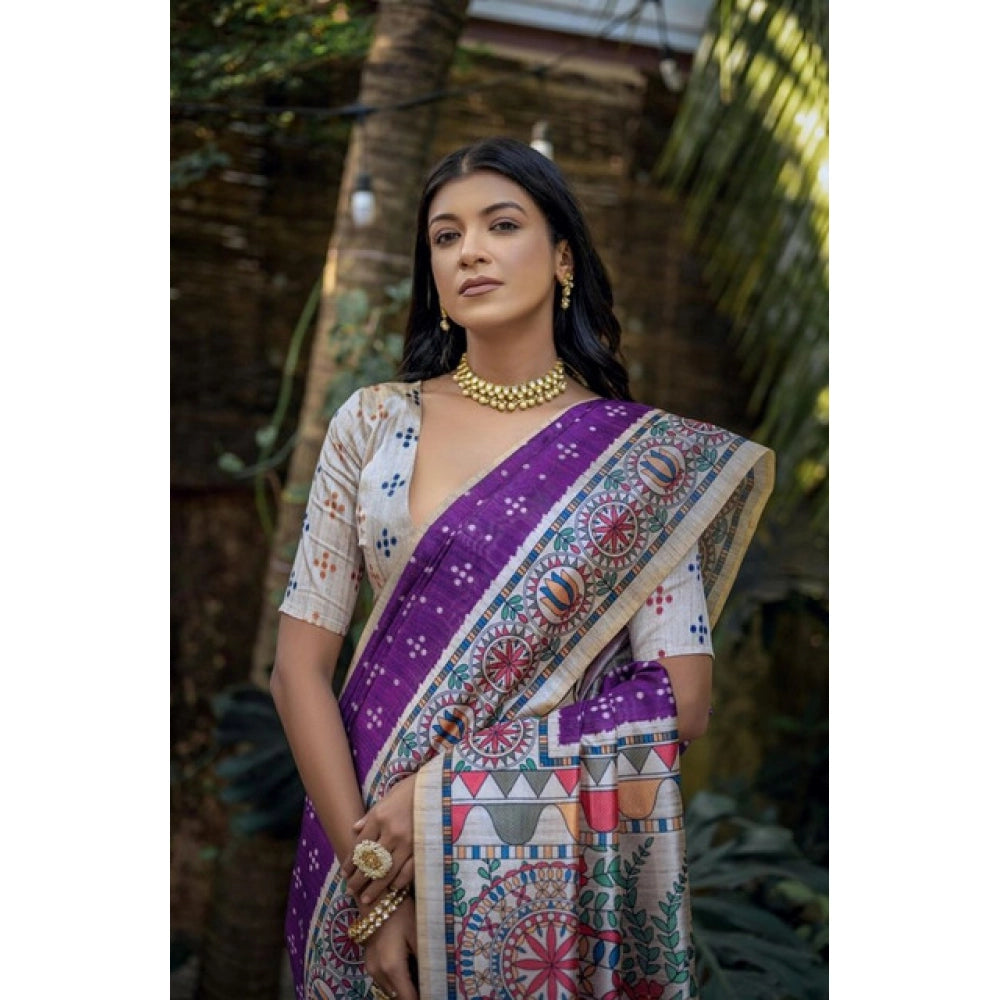 Women's Faux_Tussar Geometric_Print Saree With Unstitched Blouse 5.5Mtr (Purple)