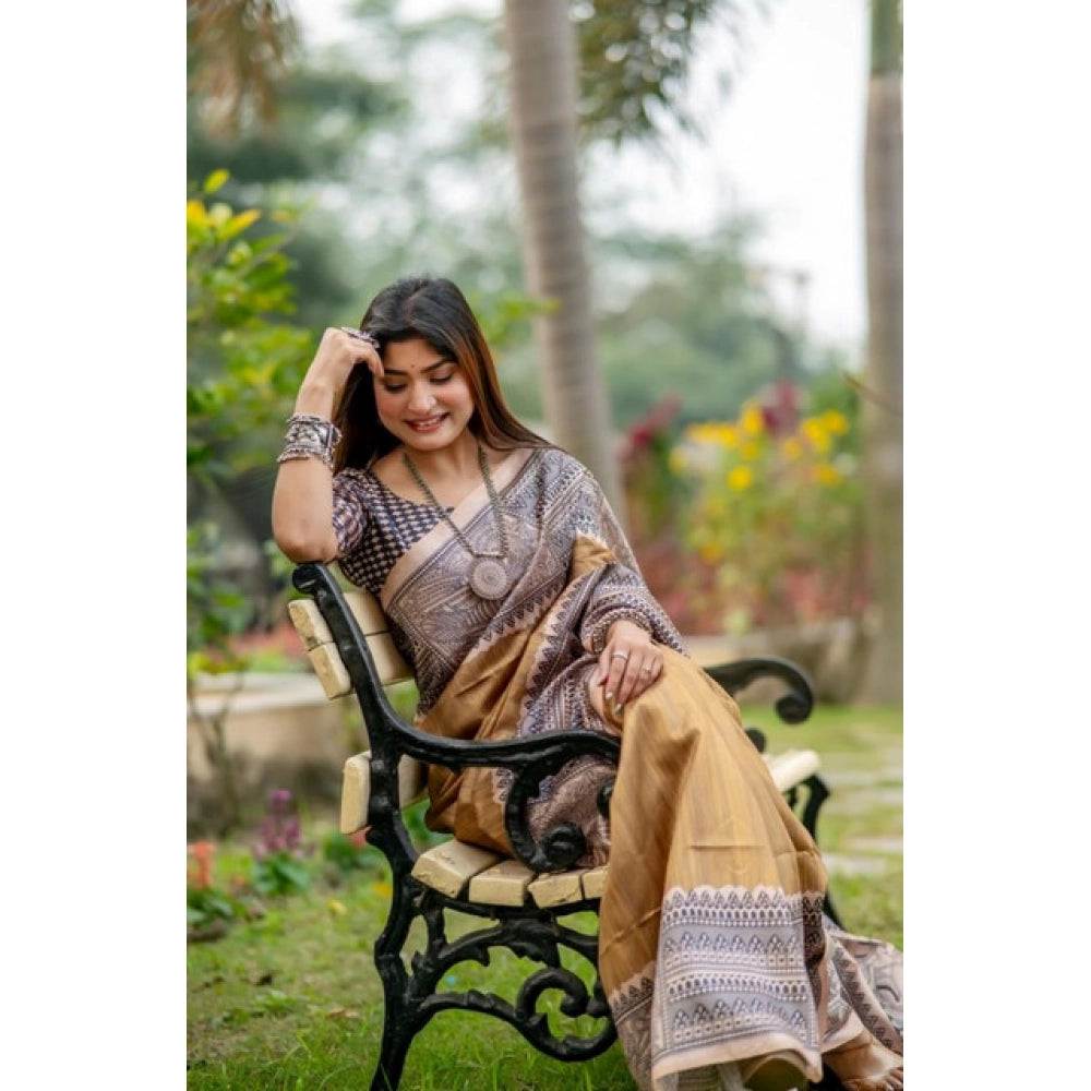 Women's Faux_Tussar Geometric_Print Saree With Unstitched Blouse 5.5Mtr (Mustard)