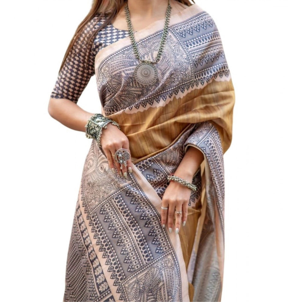 Women's Faux_Tussar Geometric_Print Saree With Unstitched Blouse 5.5Mtr (Mustard)