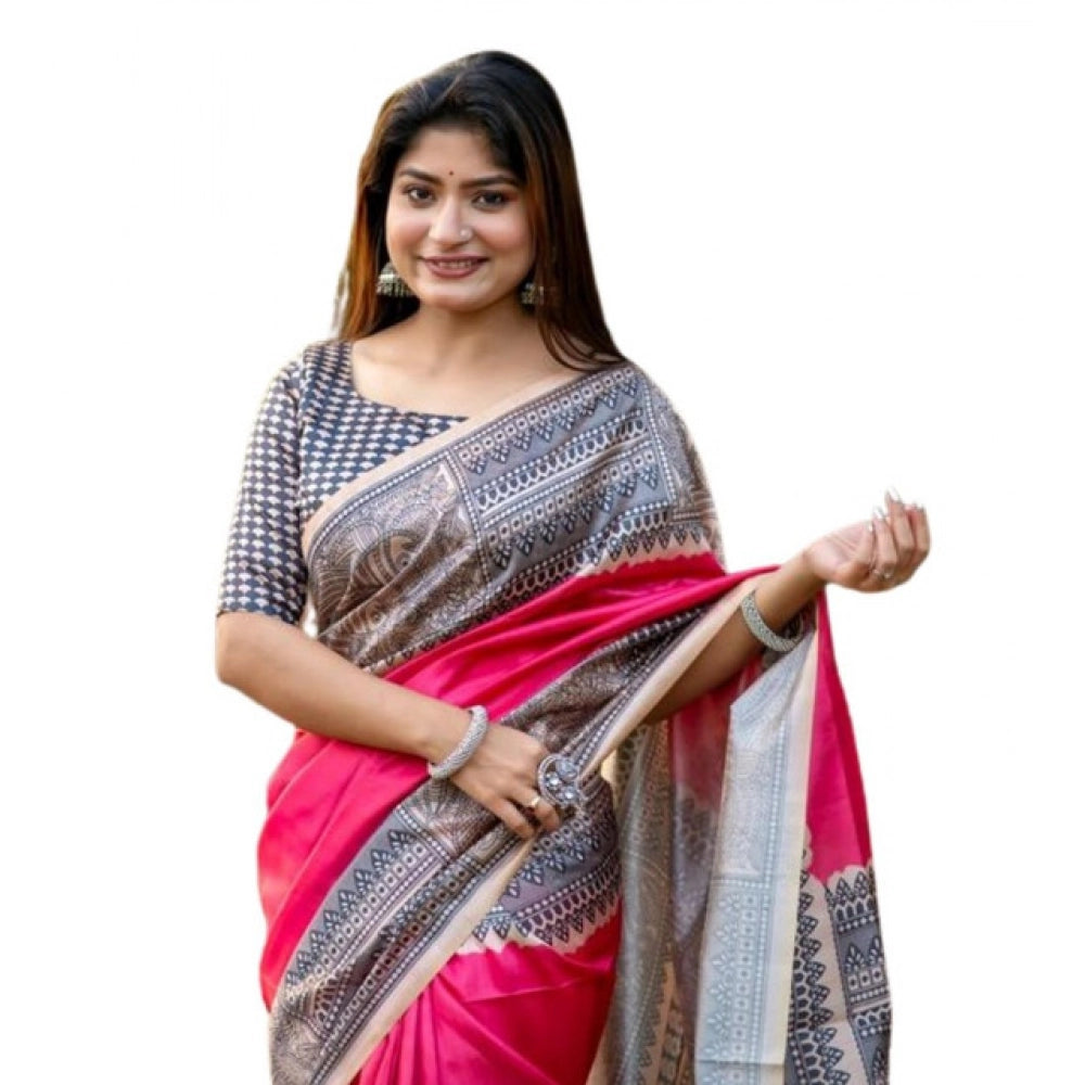 Women's Faux_Tussar Geometric_Print Saree With Unstitched Blouse 5.5Mtr (Pink)