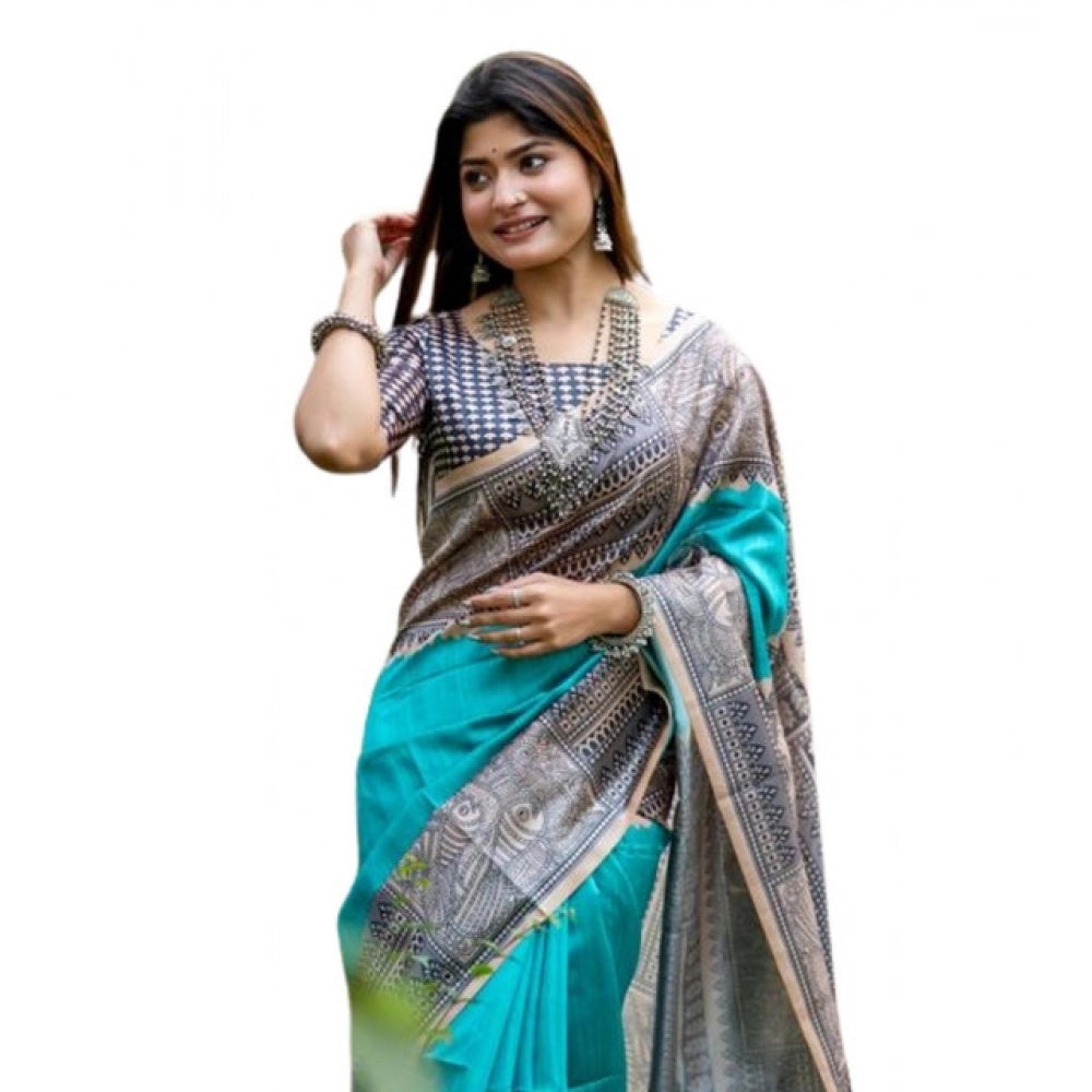 Women's Faux_Tussar Geometric_Print Saree With Unstitched Blouse 5.5Mtr (Rama_Green)