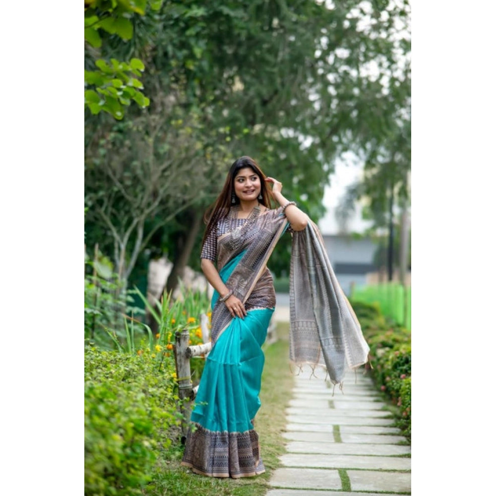 Women's Faux_Tussar Geometric_Print Saree With Unstitched Blouse 5.5Mtr (Rama_Green)