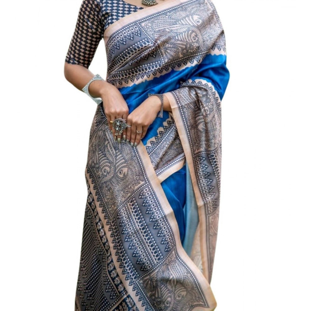 Women's Faux_Tussar Geometric_Print Saree With Unstitched Blouse 5.5Mtr (Royal_Blue)