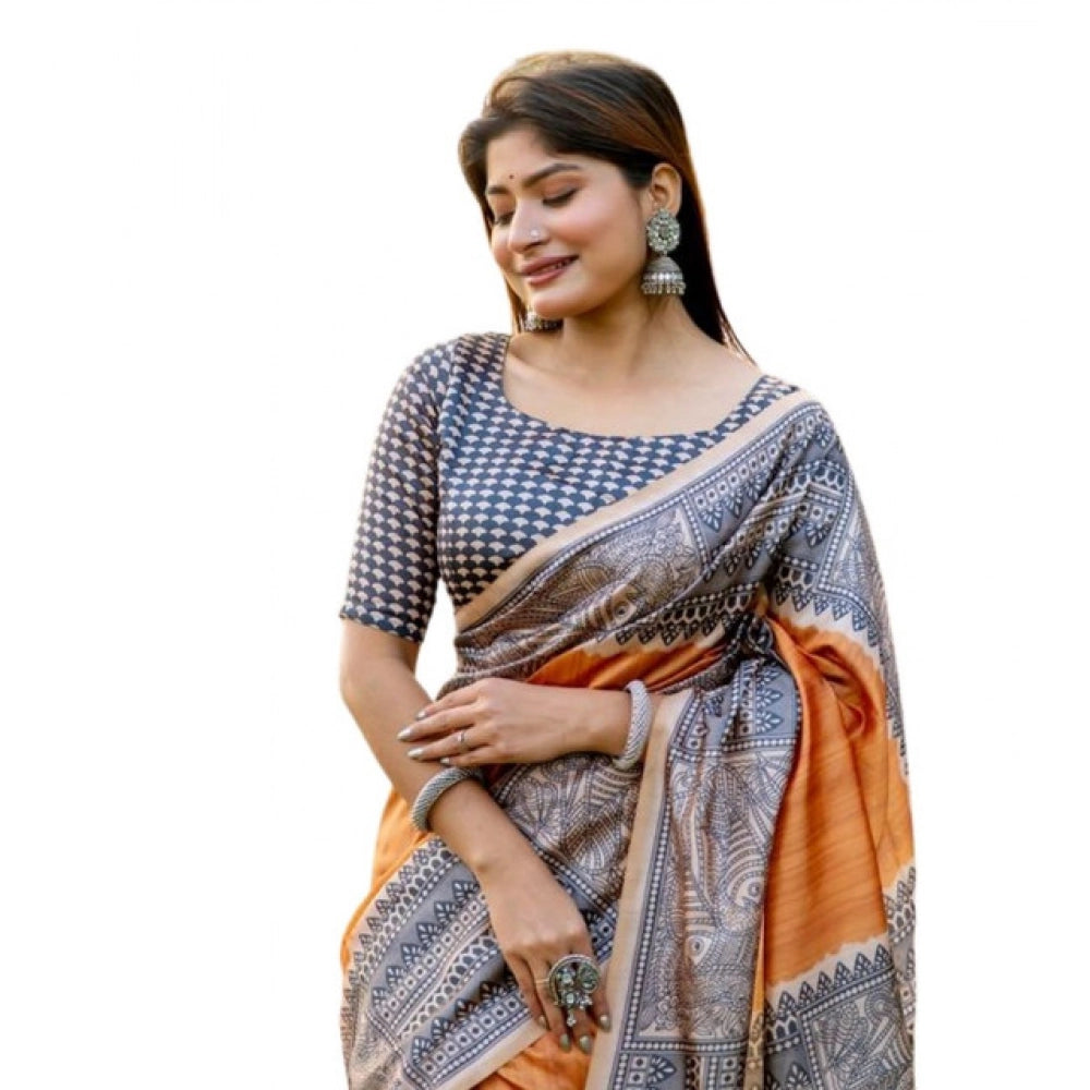 Women's Faux_Tussar Geometric_Print Saree With Unstitched Blouse 5.5Mtr (Rust)