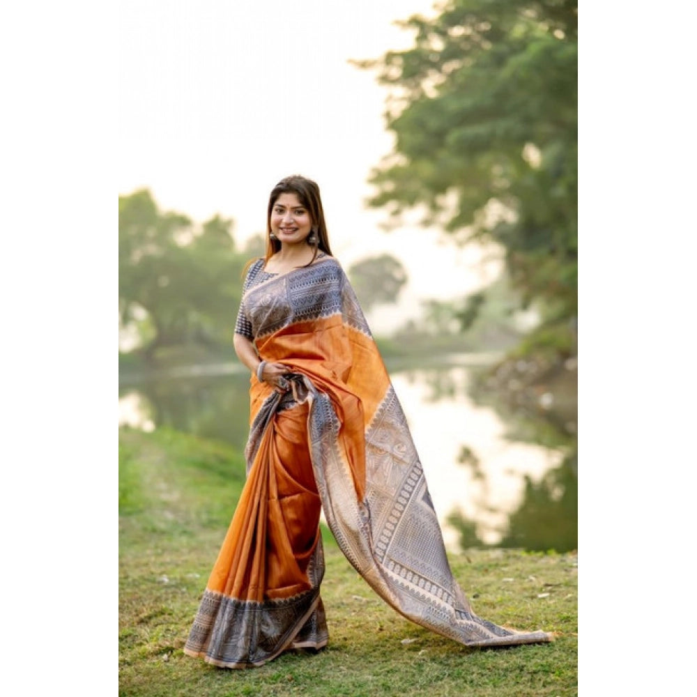 Women's Faux_Tussar Geometric_Print Saree With Unstitched Blouse 5.5Mtr (Rust)