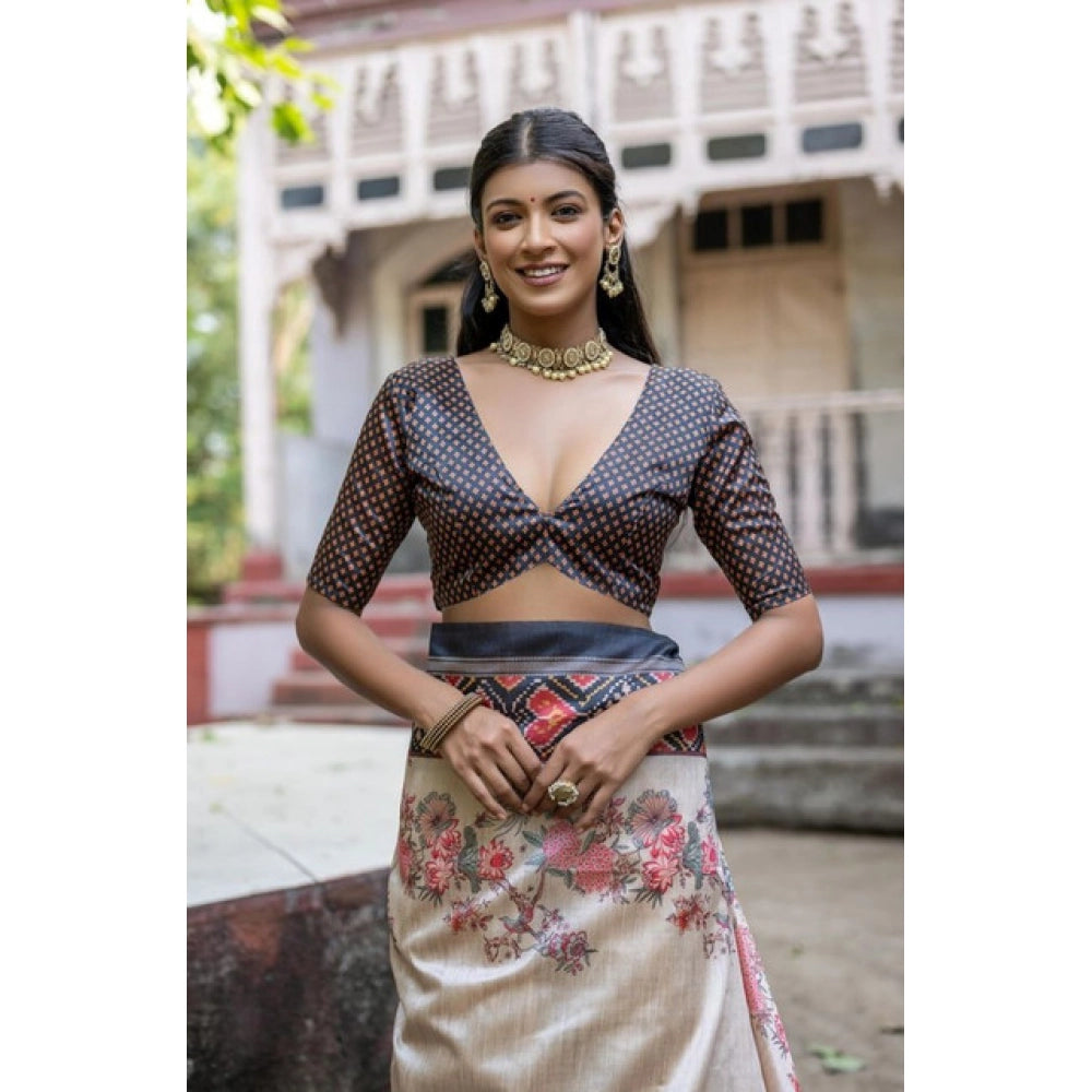 Women's Faux_Tussar Floral Jal With Patola Print Saree With Unstitched Blouse 5.5Mtr (Black)