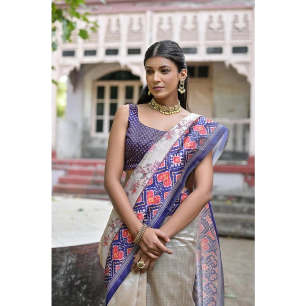 Women's Faux_Tussar Floral Jal With Patola Print Saree With Unstitched Blouse 5.5Mtr (Blue)
