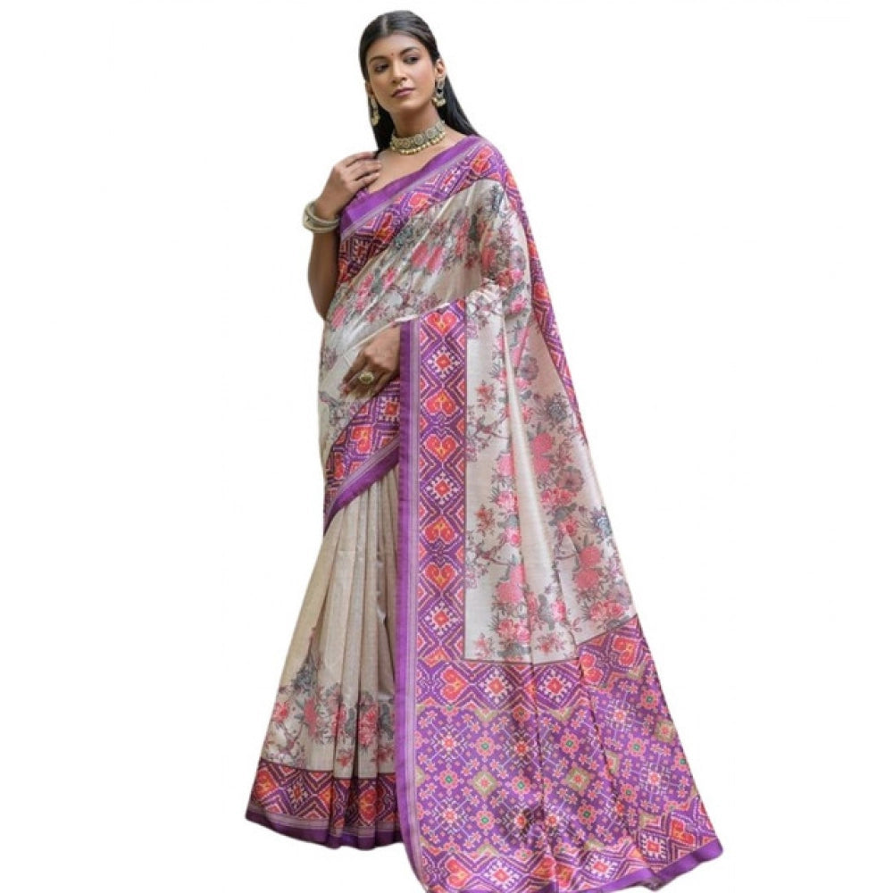 Women's Faux_Tussar Floral Jal With Patola Print Saree With Unstitched Blouse 5.5Mtr (Lavender)
