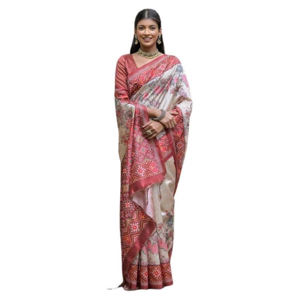 Women's Faux_Tussar Floral Jal With Patola Print Saree With Unstitched Blouse 5.5Mtr (Maroon)