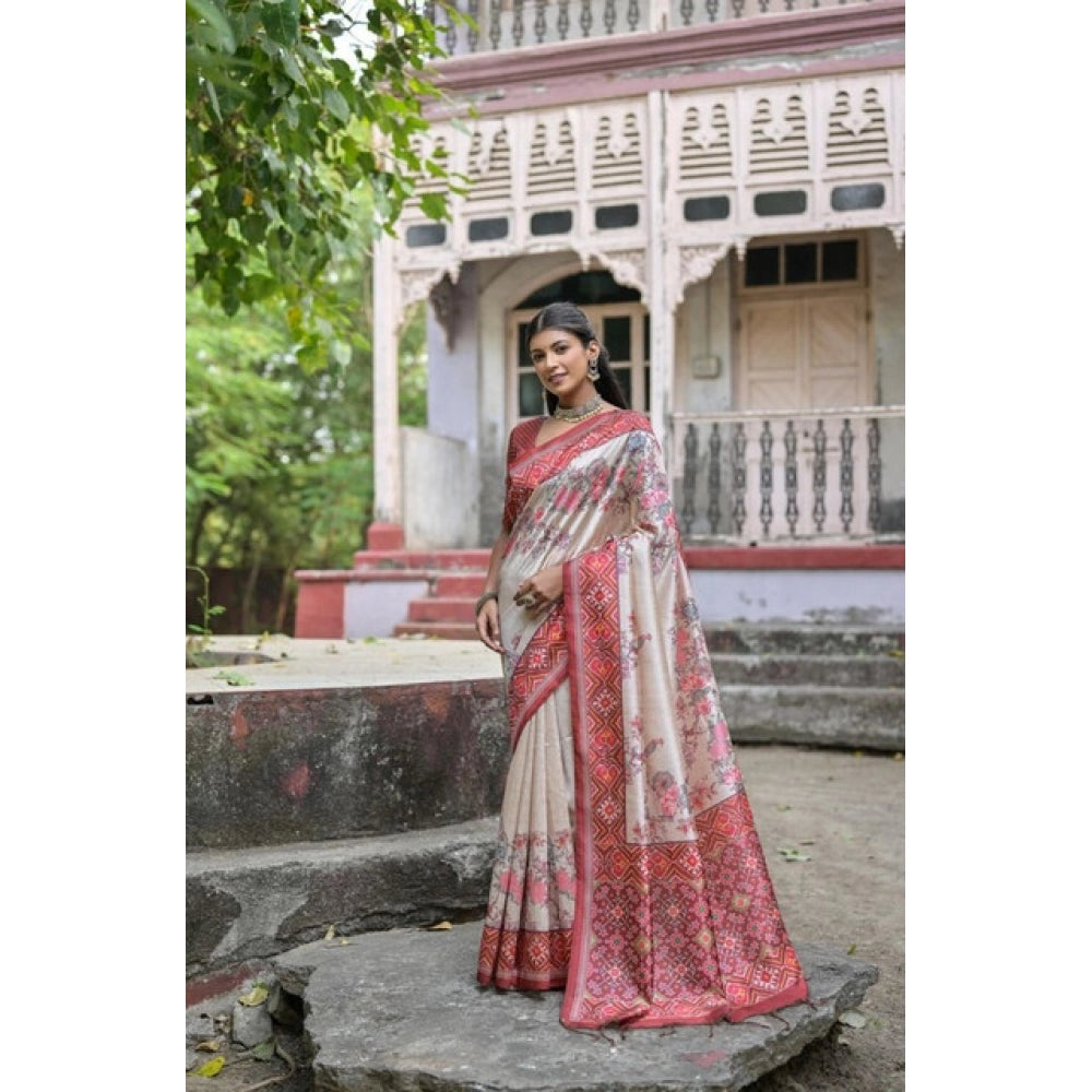Women's Faux_Tussar Floral Jal With Patola Print Saree With Unstitched Blouse 5.5Mtr (Maroon)