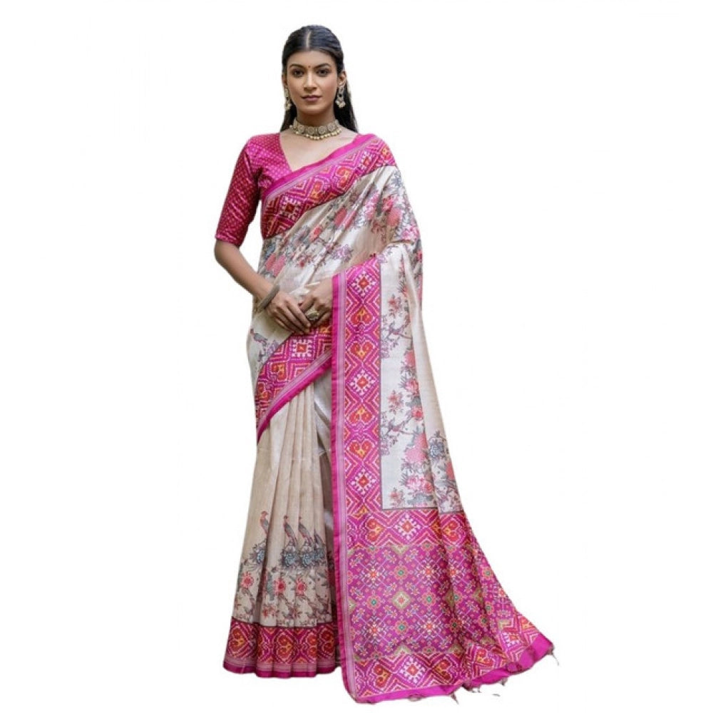 Women's Faux_Tussar Floral Jal With Patola Print Saree With Unstitched Blouse 5.5Mtr (Pink)