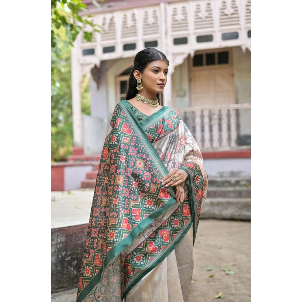 Women's Faux_Tussar Floral Jal With Patola Print Saree With Unstitched Blouse 5.5Mtr (Teal)
