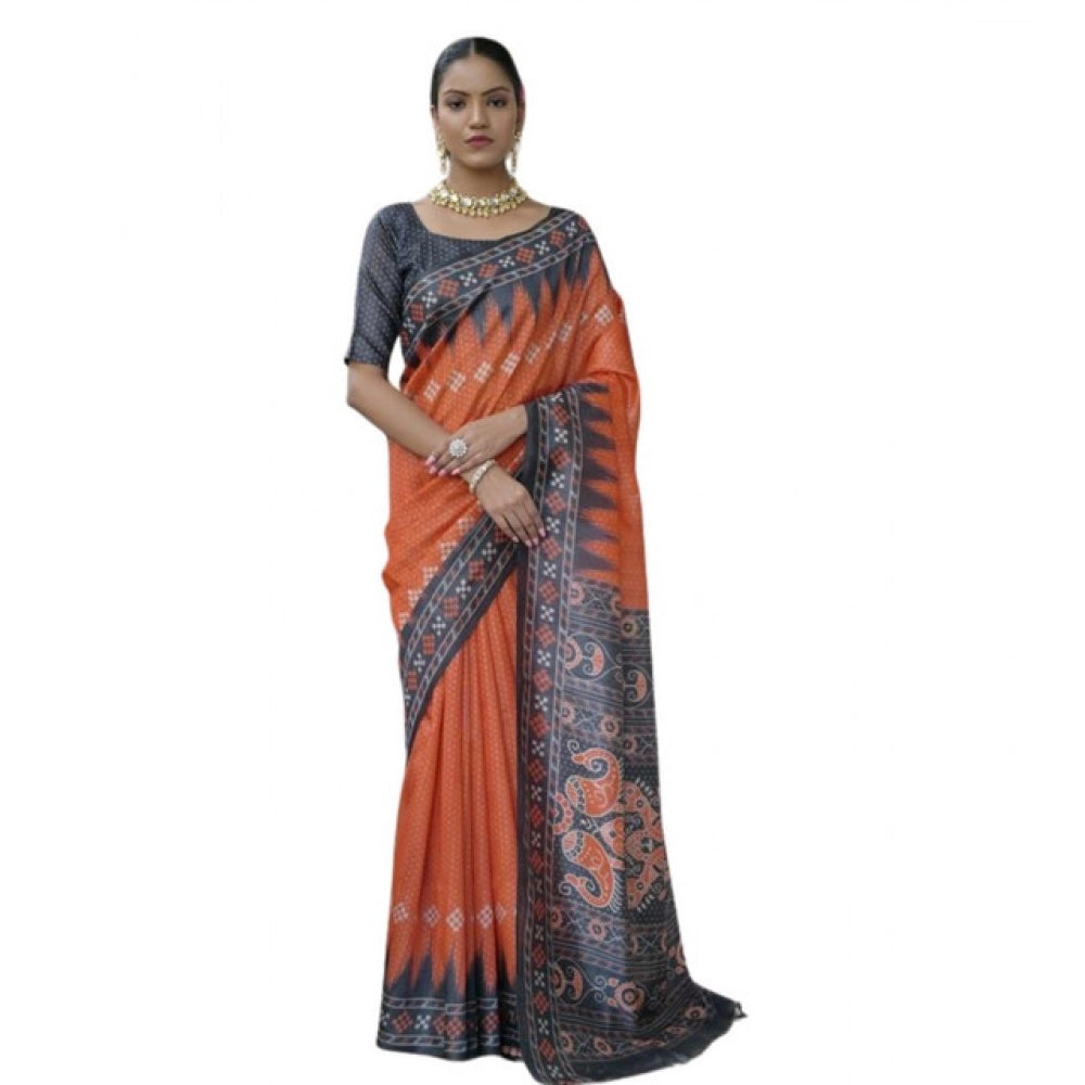 Women's Faux_Tussar Ikat Saree With Unstitched Blouse 5.5Mtr (Orange)