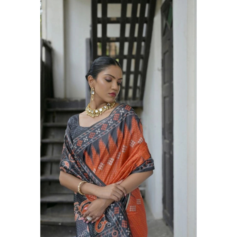 Women's Faux_Tussar Ikat Saree With Unstitched Blouse 5.5Mtr (Orange)