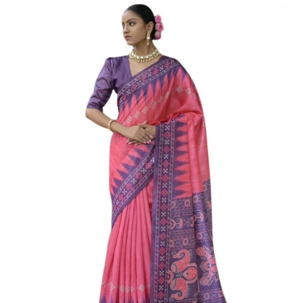 Women's Faux_Tussar Ikat Saree With Unstitched Blouse 5.5Mtr (Peach)