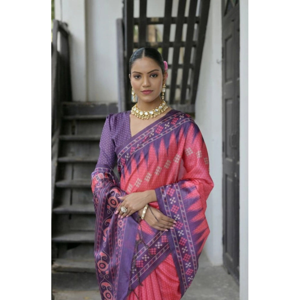 Women's Faux_Tussar Ikat Saree With Unstitched Blouse 5.5Mtr (Peach)