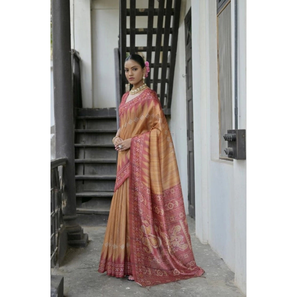 Women's Faux_Tussar Ikat Saree With Unstitched Blouse 5.5Mtr (Rust)