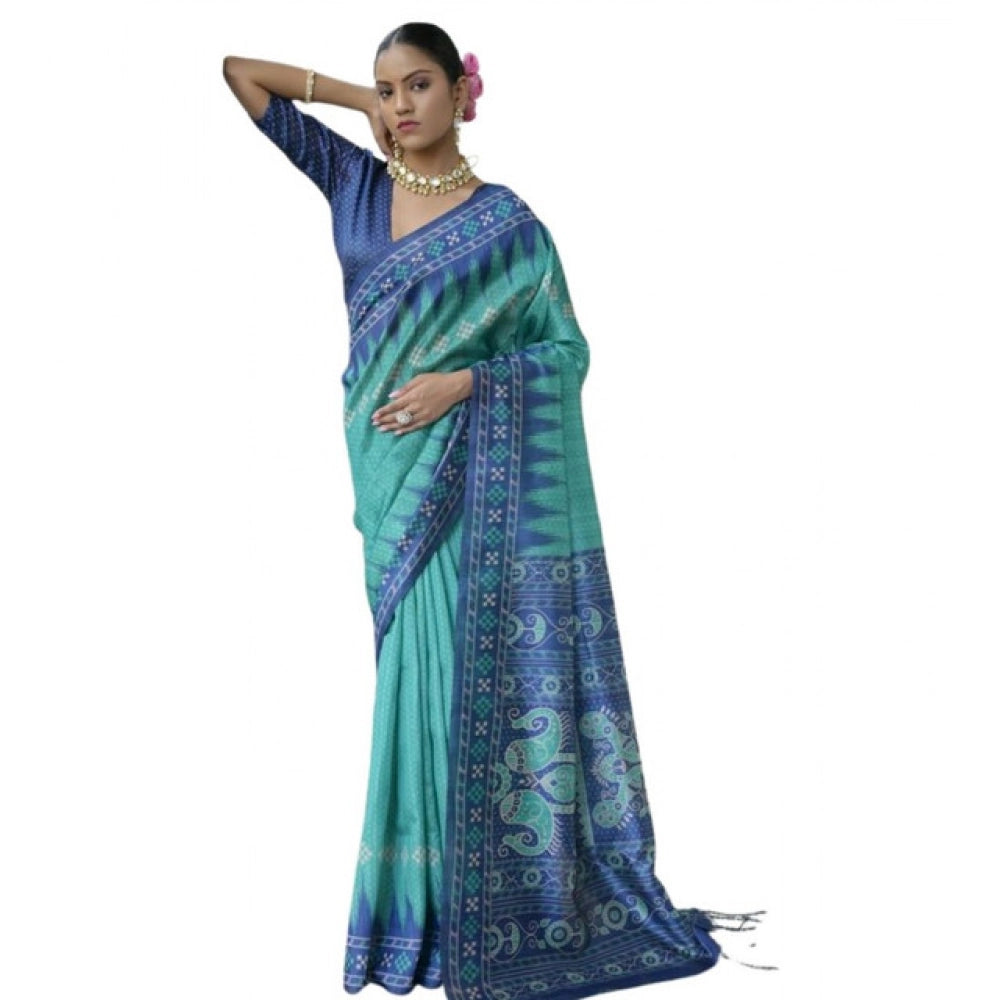 Women's Faux_Tussar Ikat Saree With Unstitched Blouse 5.5Mtr (Sea_Green)