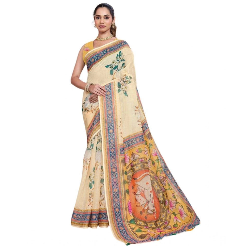Women's Linen Floral Printed Saree With Unstitched Blouse 5.5Mtr (Beige)