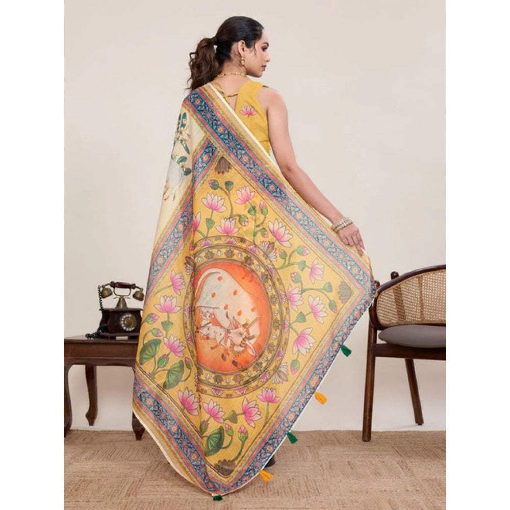 Women's Linen Floral Printed Saree With Unstitched Blouse 5.5Mtr (Beige)