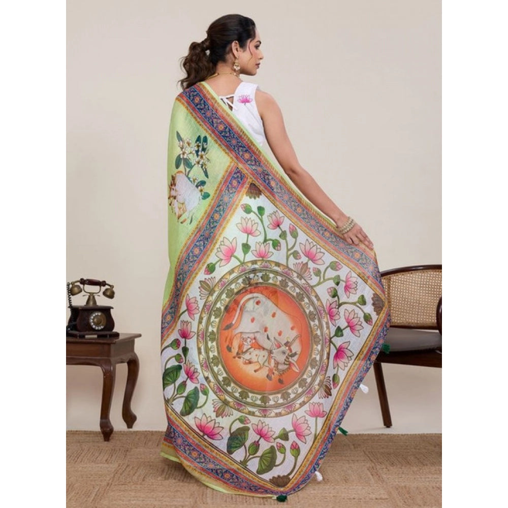 Women's Linen Floral Printed Saree With Unstitched Blouse 5.5Mtr (Light Green)