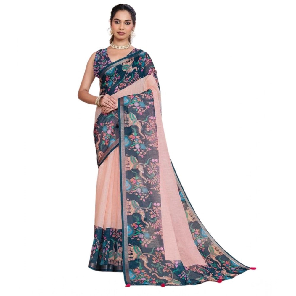 Women's Linen Floral Printed Saree With Unstitched Blouse 5.5Mtr (Peach Pink)