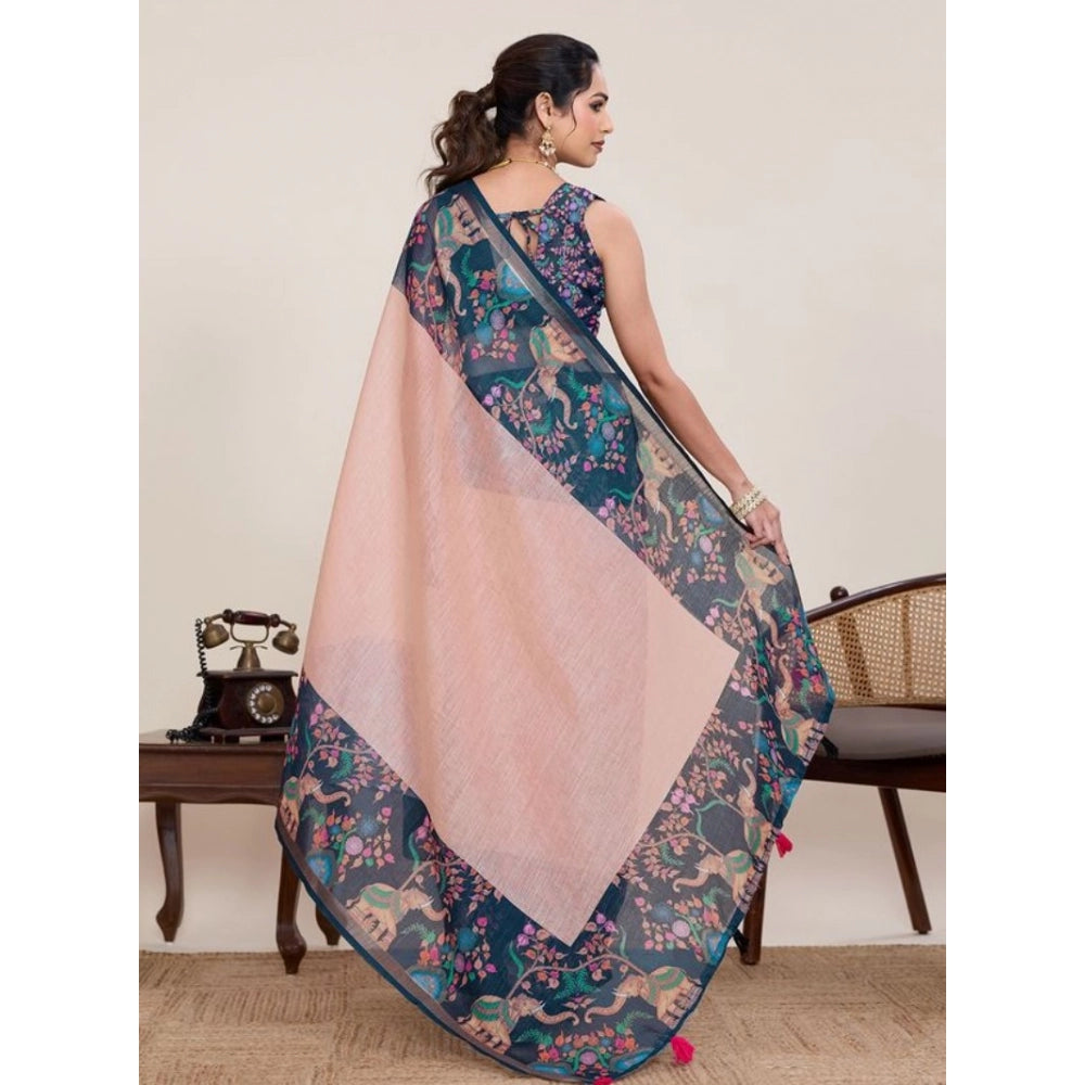 Women's Linen Floral Printed Saree With Unstitched Blouse 5.5Mtr (Peach Pink)