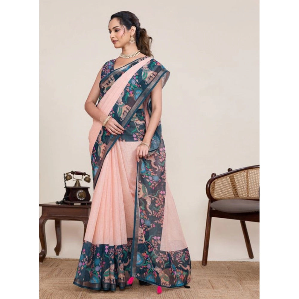 Women's Linen Floral Printed Saree With Unstitched Blouse 5.5Mtr (Peach Pink)