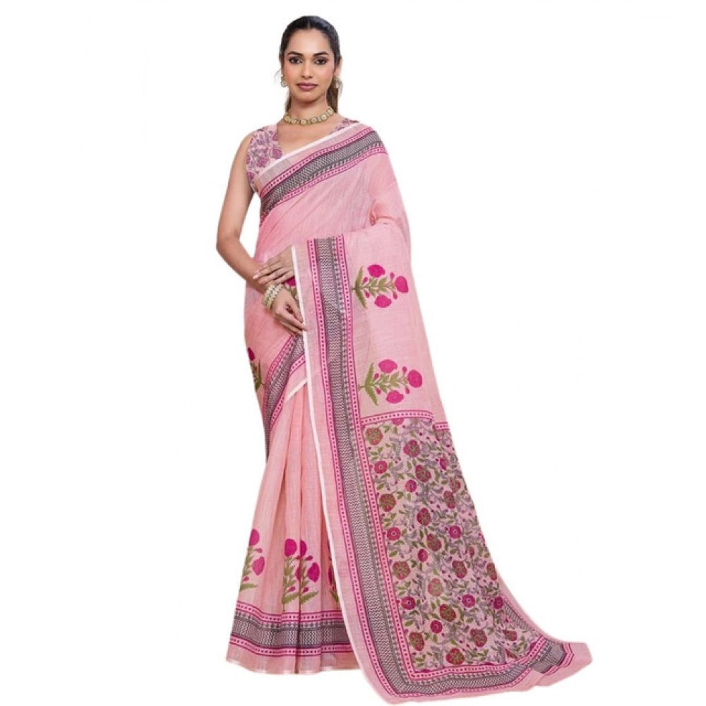 Women's Linen Floral Printed Saree With Unstitched Blouse 5.5Mtr (Pink)