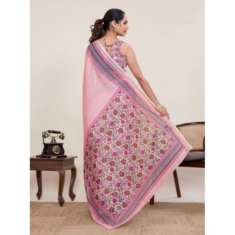Women's Linen Floral Printed Saree With Unstitched Blouse 5.5Mtr (Pink)
