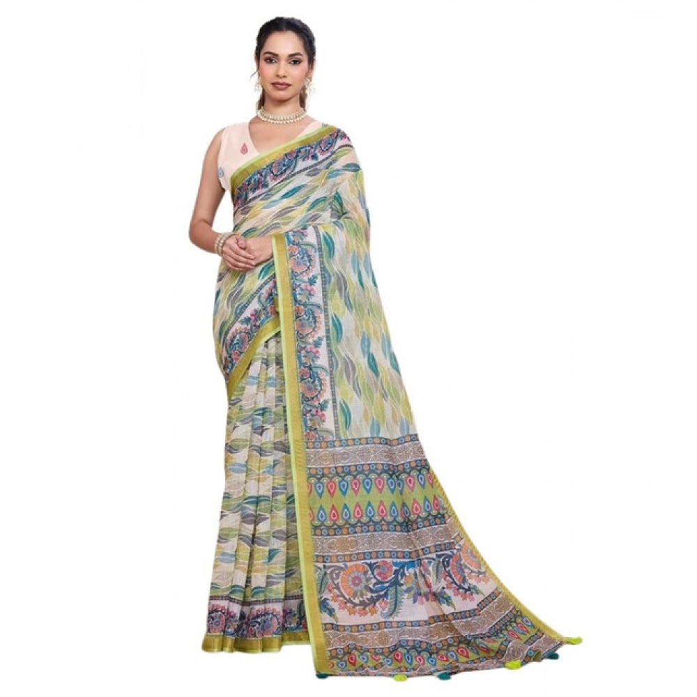 Women's Linen Floral Printed Saree With Unstitched Blouse 5.5Mtr (Pista Green)