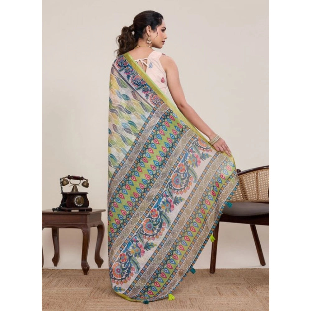 Women's Linen Floral Printed Saree With Unstitched Blouse 5.5Mtr (Pista Green)