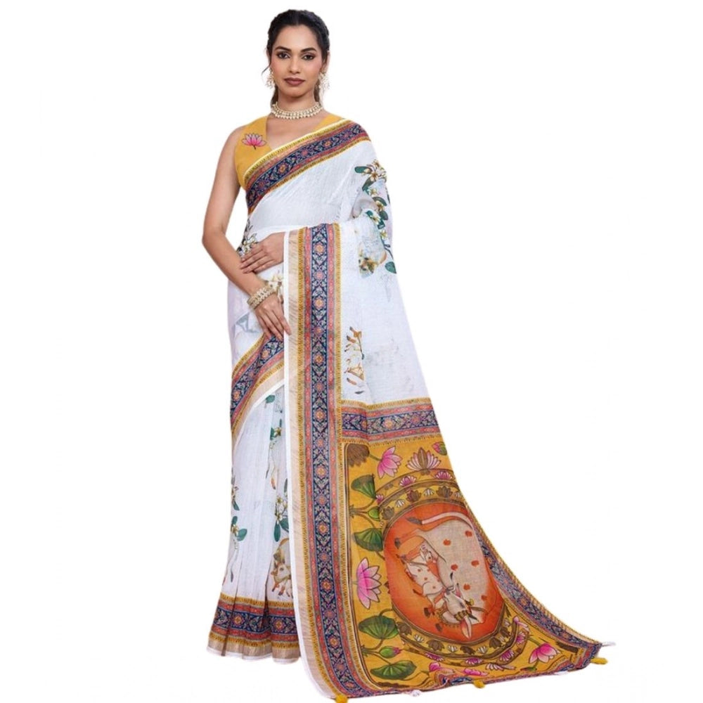 Women's Linen Floral Printed Saree With Unstitched Blouse 5.5Mtr (White)