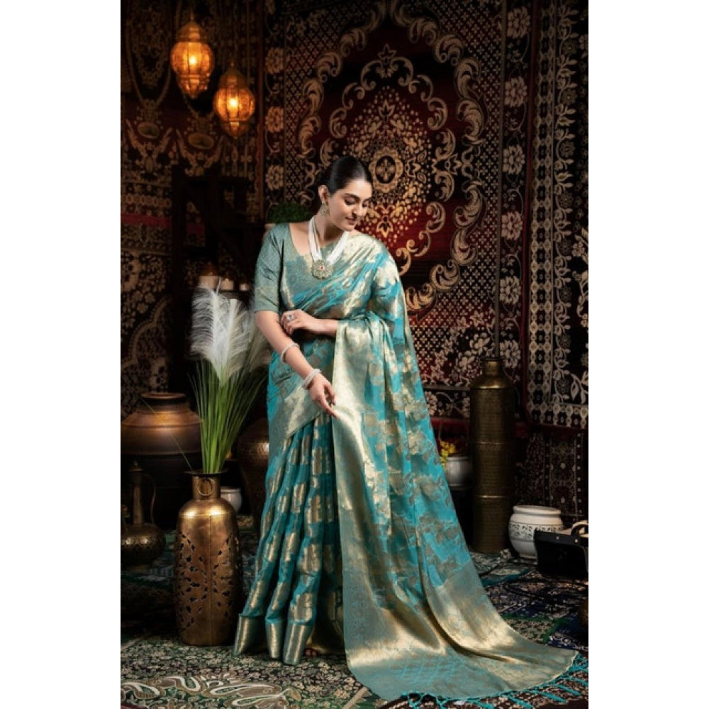 Women's Organza Woven Saree With Unstitched Blouse 5.5Mtr (Light_Blue)