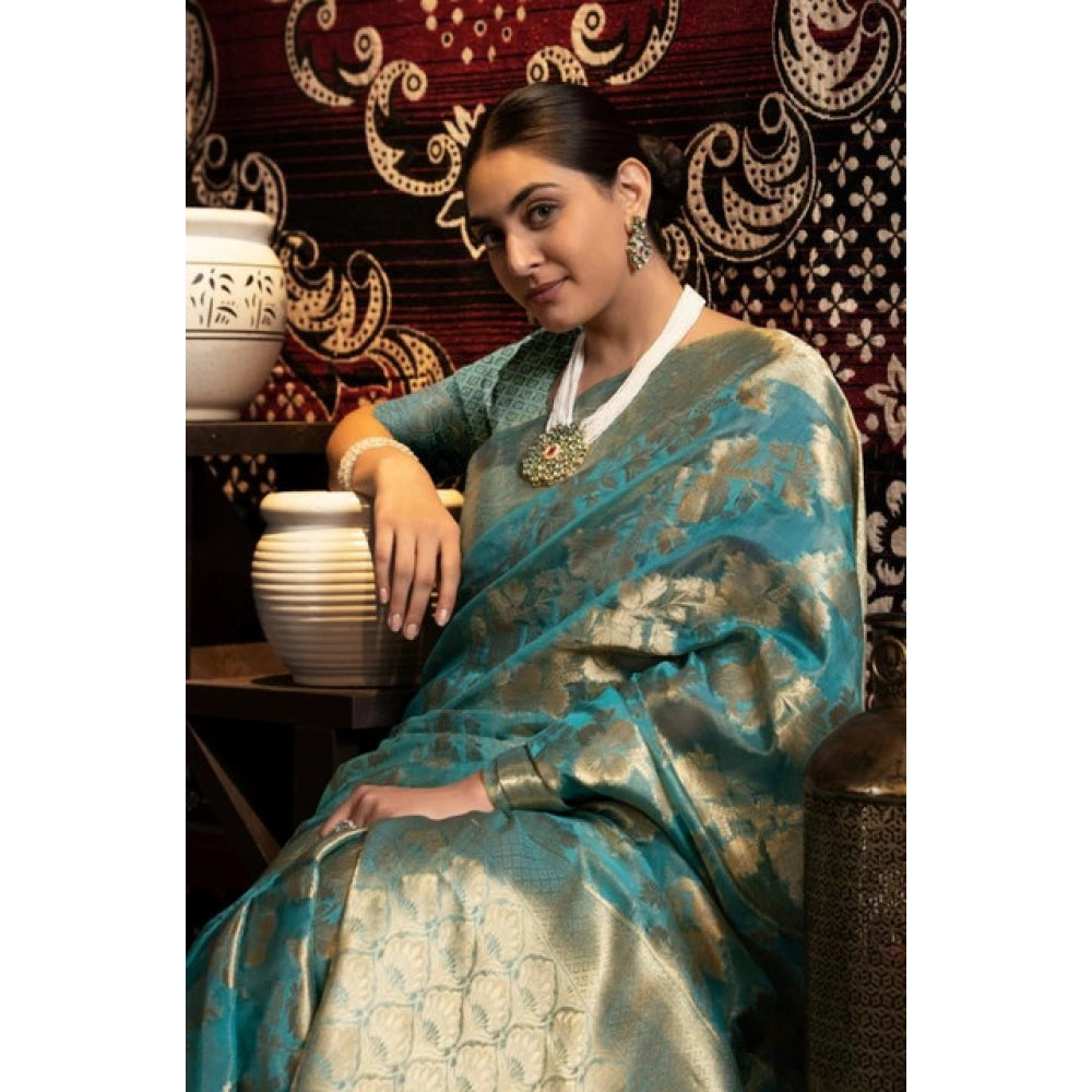 Women's Organza Woven Saree With Unstitched Blouse 5.5Mtr (Light_Blue)