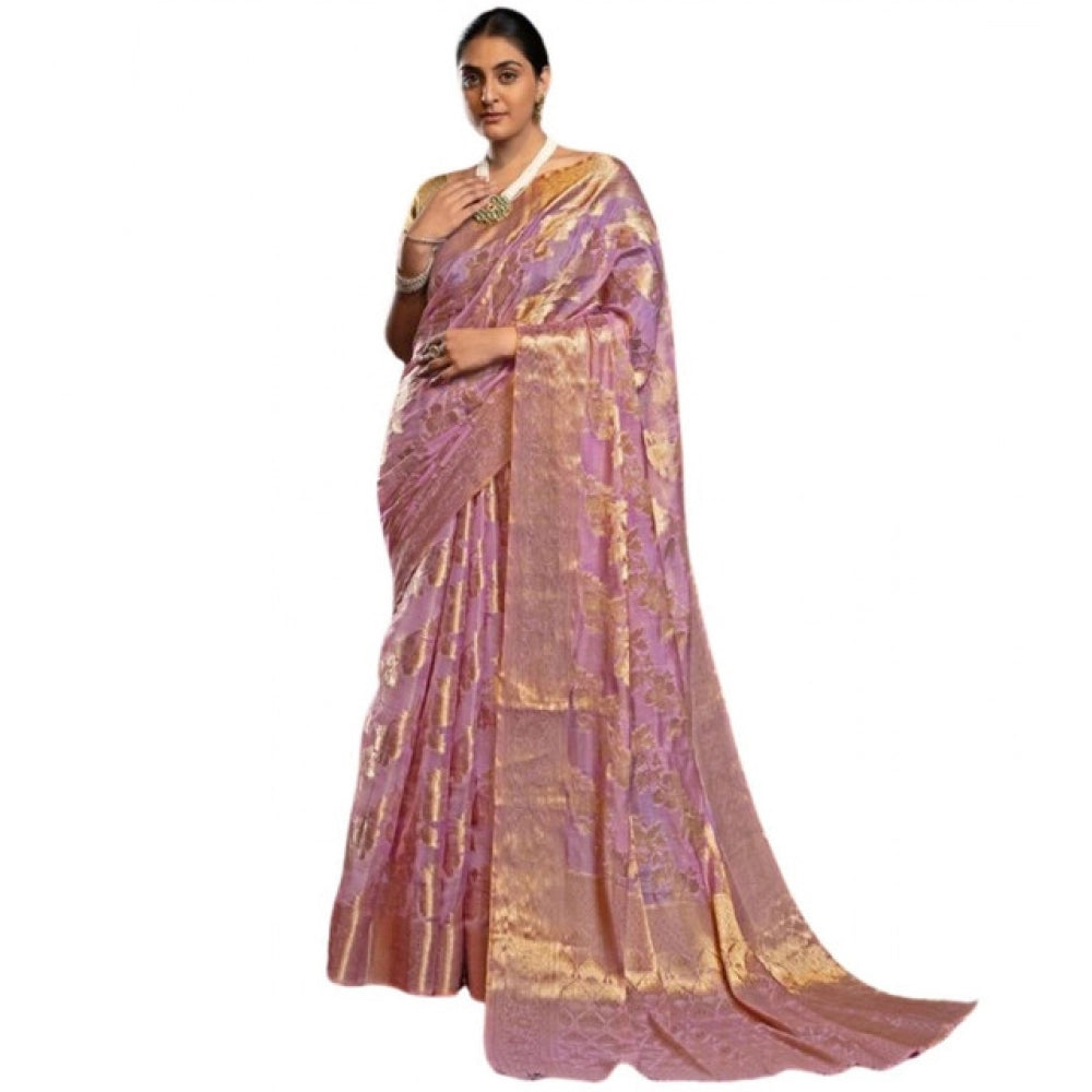 Women's Organza Woven Saree With Unstitched Blouse 5.5Mtr (Pink)