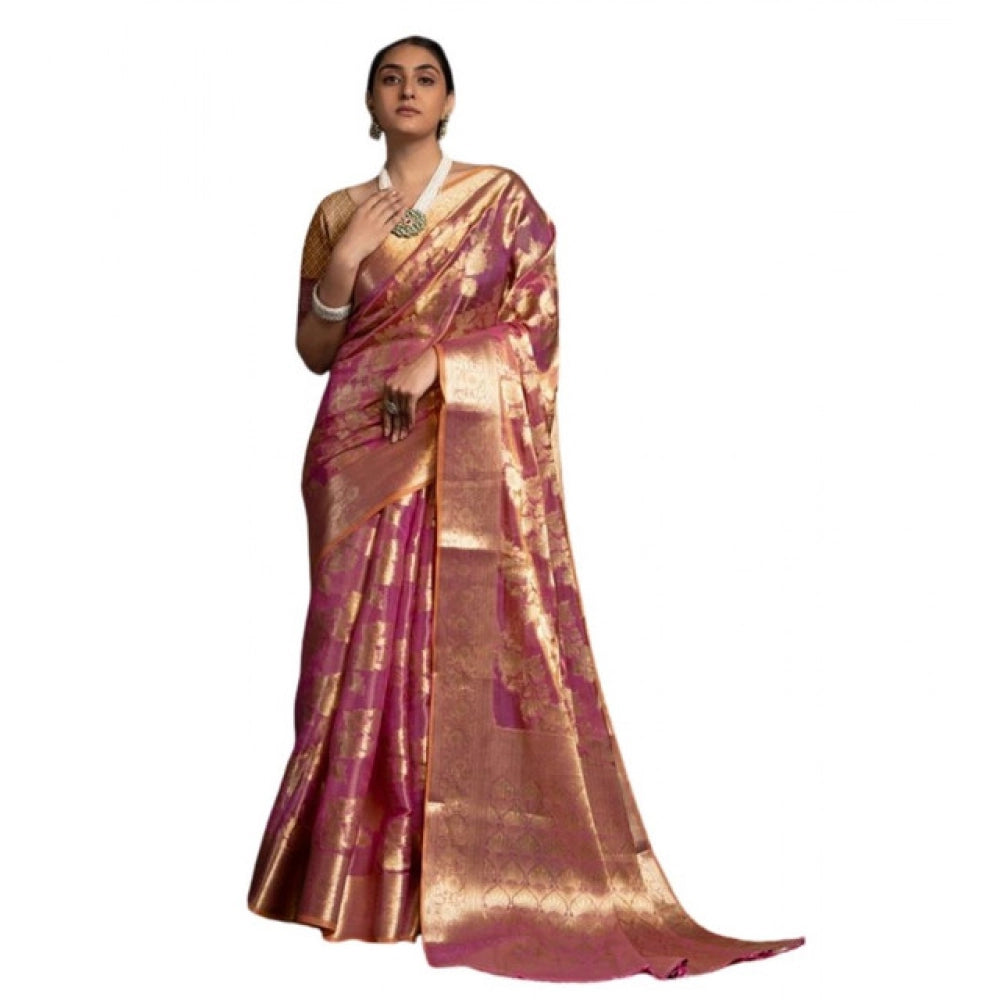 Women's Organza Woven Saree With Unstitched Blouse 5.5Mtr (Purple)