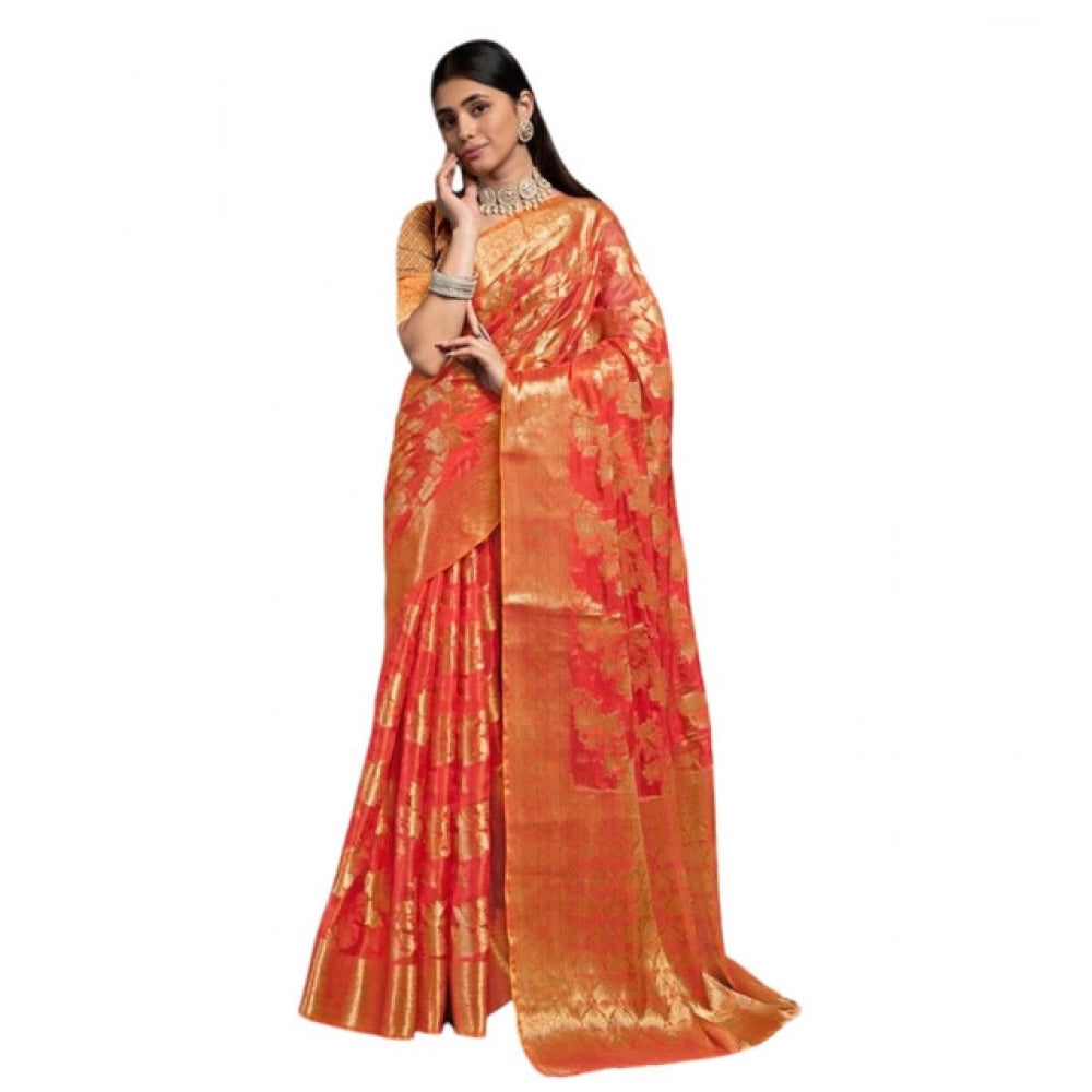Women's Organza Woven Saree With Unstitched Blouse 5.5Mtr (Red)