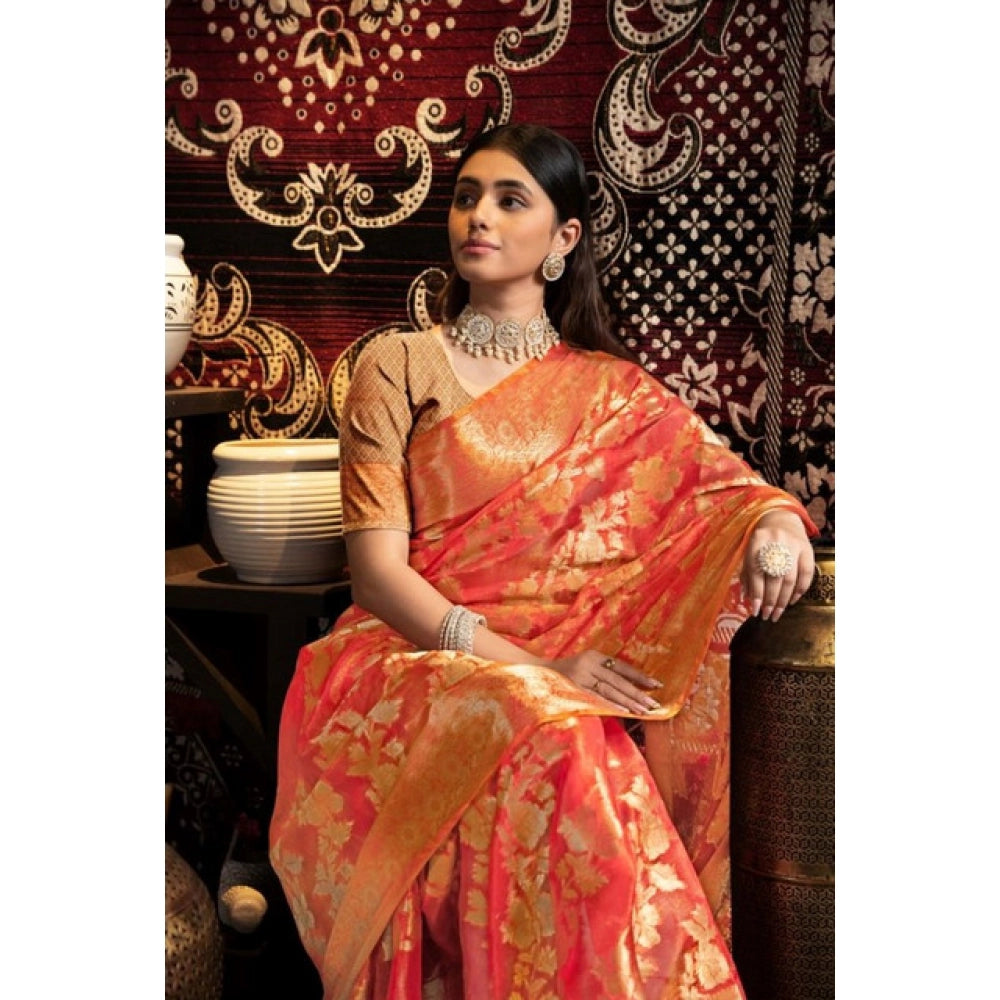 Women's Organza Woven Saree With Unstitched Blouse 5.5Mtr (Red)