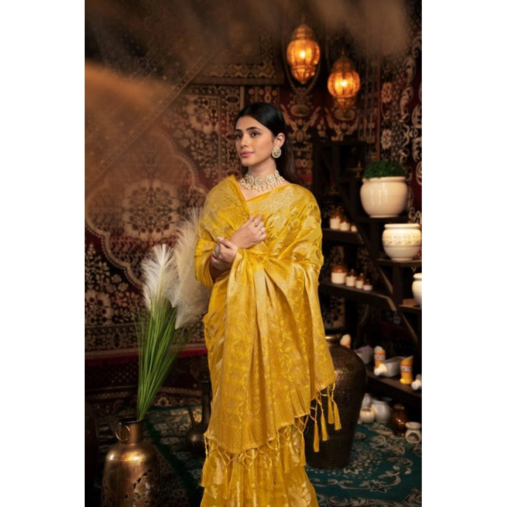 Women's Organza Woven Saree With Unstitched Blouse 5.5Mtr (Yellow)