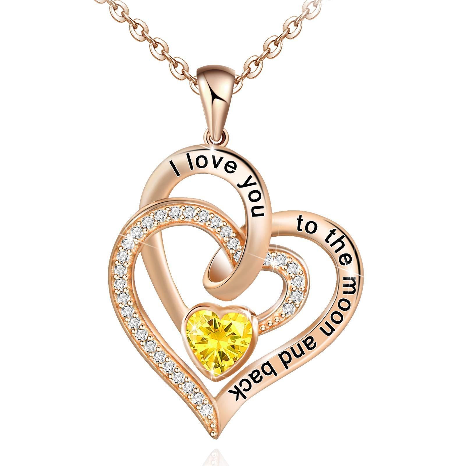 Lettering Necklace Double Heart Diamond Birthstone Necklace
