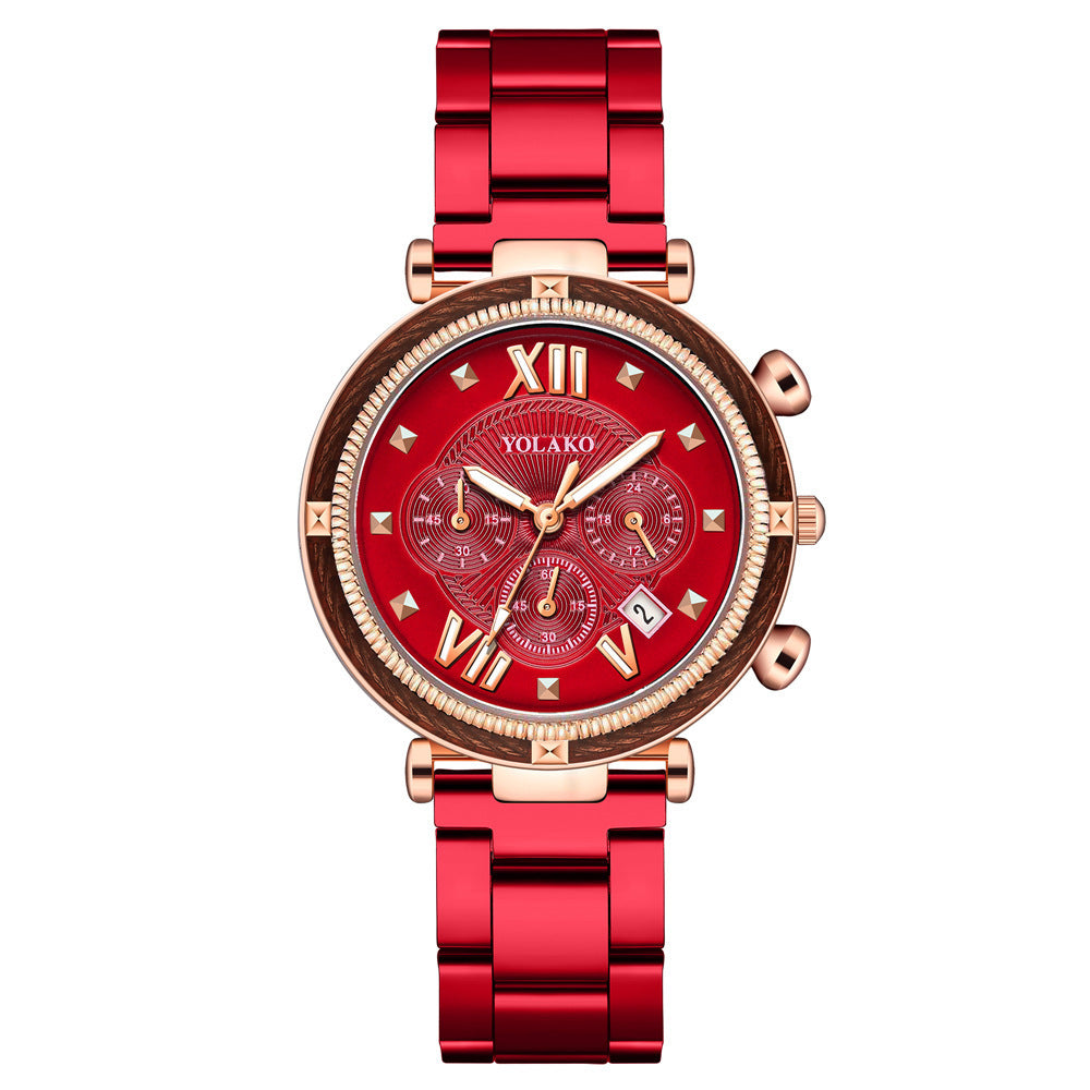 Women's Three-eye Calendar Alloy Steel Quartz Watch