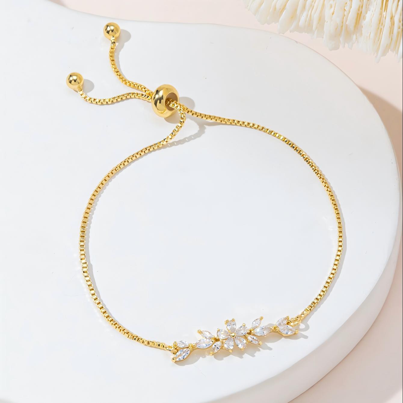 1pcs Fashionable Zircon Bracelet Silver Flower Leaf Drawstring Design Chain Inlaid Gold-plated Bracelet Suitable For Women's Daily Holiday Wear