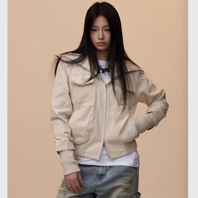 Antique Beige Lapel Design Jacket For Women Baggy Coat