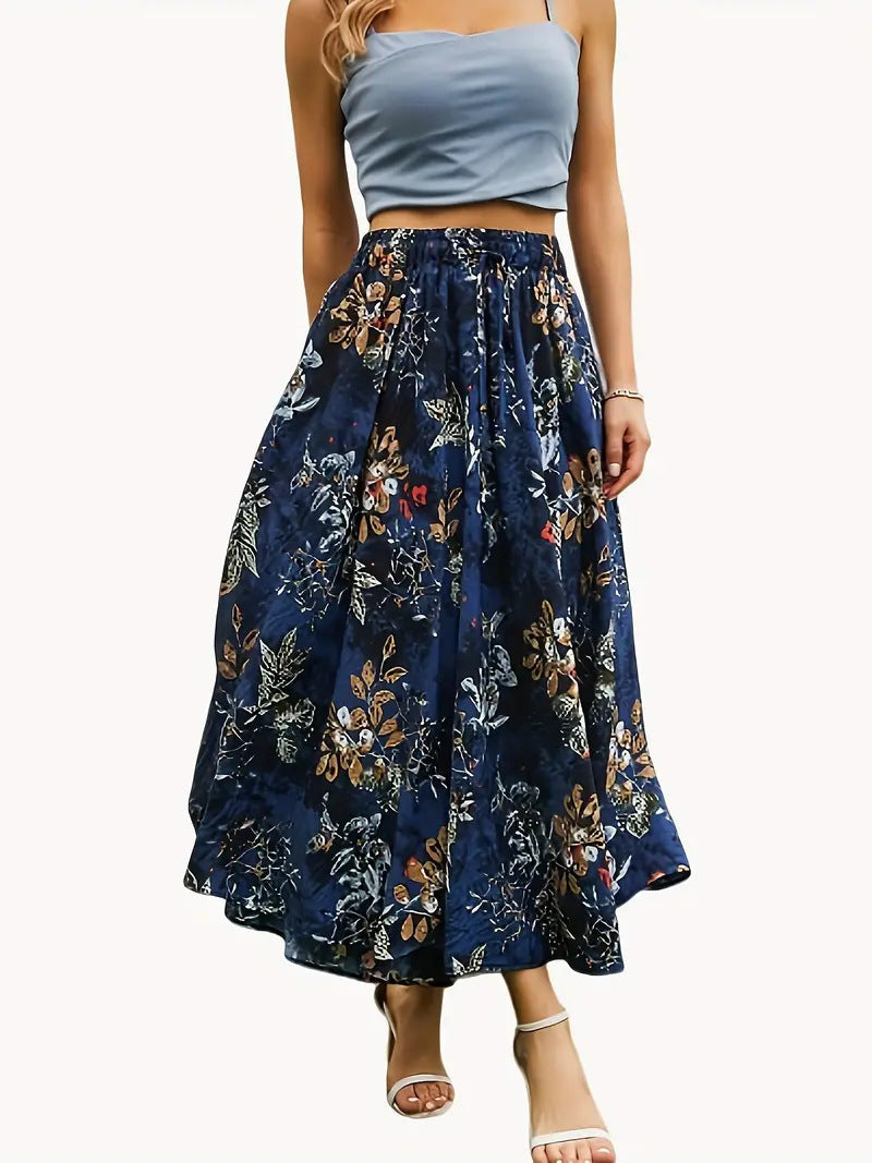 Large Swing Tight Waist Lace Printing Double Pocket Women's High Waist Skirt