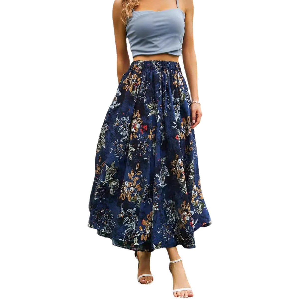 Large Swing Tight Waist Lace Printing Double Pocket Women's High Waist Skirt